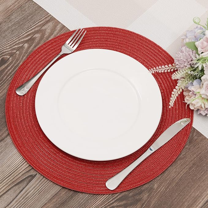 SHACOS Round Braided Placemats Set of 8 Washable 15 inch Round Table Mats Non Slip Woven Place Mats for Christmas Holiday Dining Table Decor (Red, 8)