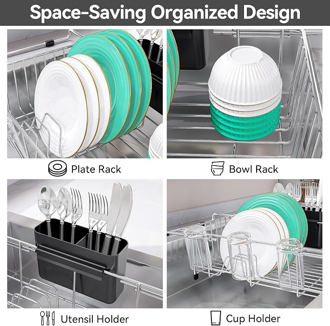 Urackify Dish Drying Rack in Sink, 304 Stainless Steel Expandable (15.35"-23.23"L) Over the Sink Dish Rack with Utensil Holder for Compact Kitchen, Space - Saving Dish Drainer for Inside Sink, Silver