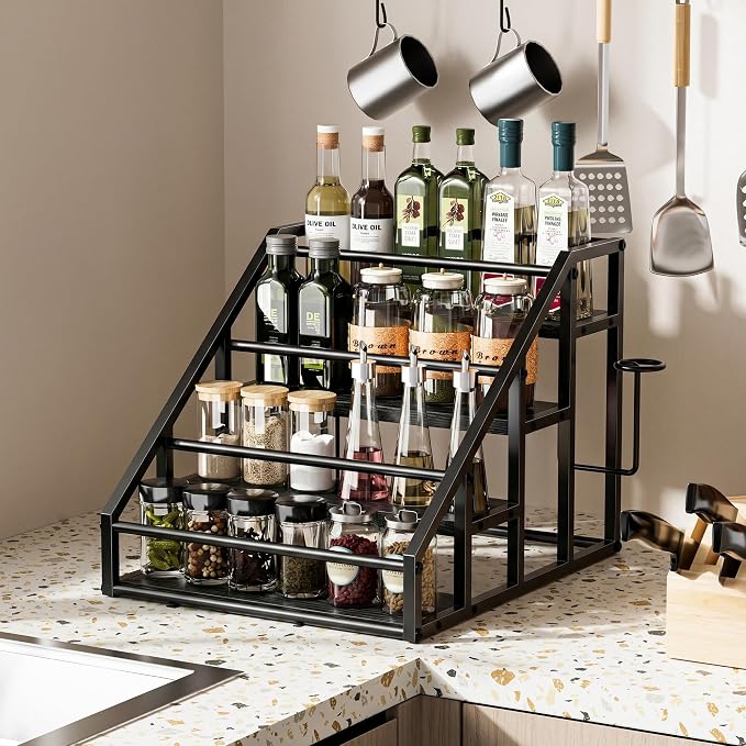 Coffee Syrup Rack Organizer, Spice Racks, Syrup Bottle Holder Stand for Coffee Bar, 4-Tier 16 Bottles Storage Shelves for Syrup, Wine, Dressing for Kitchen Countertop,Black