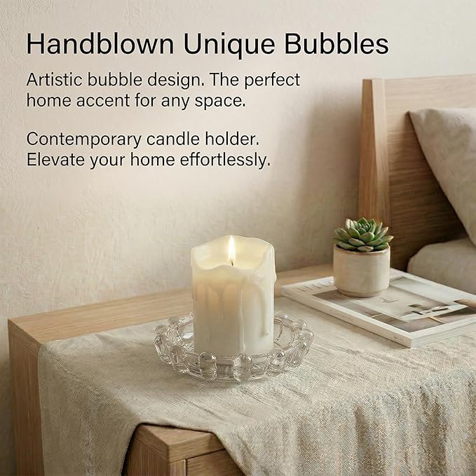 Crystal Clear Bubble Glass Candle Dish, Elegant Candle Holder Tray for Home Decor, Glass Candle Plate for Tea Lights Votives & Diffusers, Versatile Catchall Dish