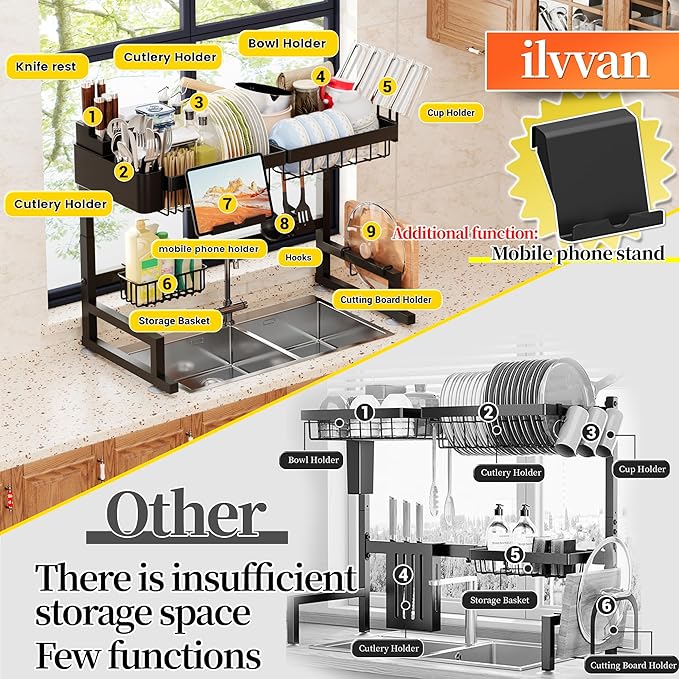 ilvvan Over Sink Dish Drying Rack (Expandable Height/Length) Snap-On Design Large Dish Drainer Storage Counter Organizer 24" - 35.5"(L) x 12"(W) x 19" - 22"(H)