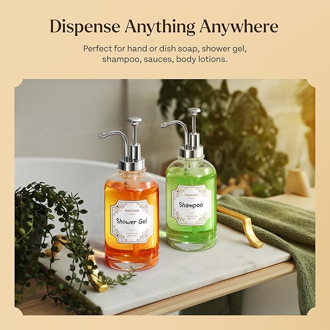 Glass Coffee Syrup Dispenser for Coffee Bar - Set of 2 Silver 500 ml / 16.9 oz Glass Syrup Bottles, Includes Bamboo Tray, 16 Stencils, Labels, Coffee Bar Accessories