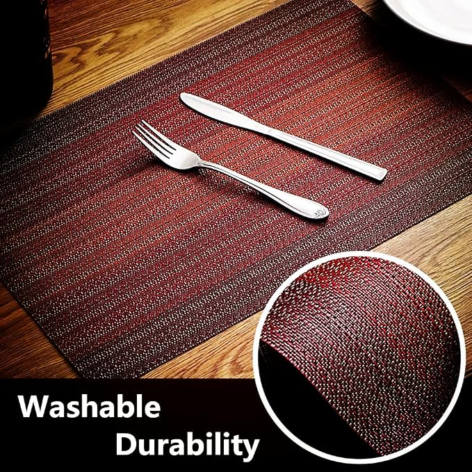 Placemats, Washable PVC Table Mats, Woven Vinyl Placemat for Dining Table Place Mats Set (6 placemats and 1 Table Runner, Wine Red)