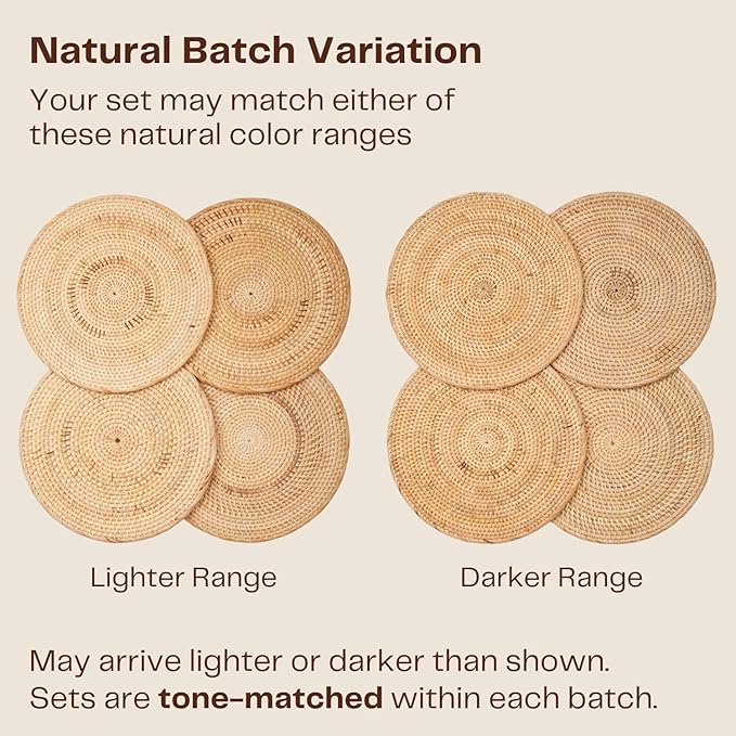 4-Pack Rattan Placemats - 13-inch Round Placemats (Natural Rattan Color) - Woven Place Mats, Round Table Mats - Wicker Chargers for Dinner Plates, Plate Chargers Boho