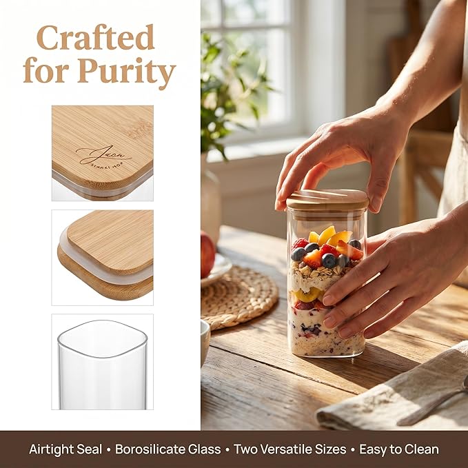 68 ounces (set of 3) and 32 ounces (set of 3), transparent glass containers with airtight bamboo lids — ideal for storing overnight oats, coffee, spices, candies, flour, etc.,