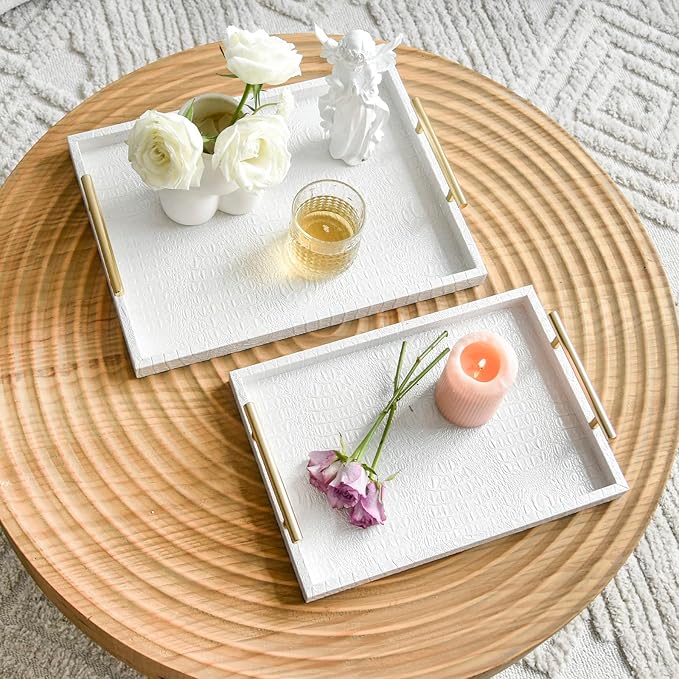 Set of 2 Modern Elegant Large Wood Serving Tray, Rectangle Decorative Tray Ottoman Tay Coffee Table Tray, Pearl White Crocodile Leather with Gold Polished Metal Handles