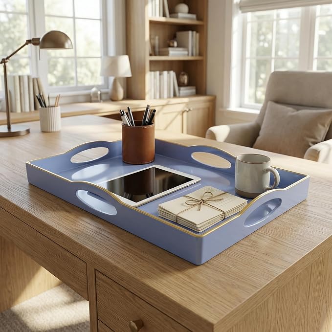 Blue Serving Tray with 4 Handles, Plastic Decorative Tray for Coffee Table, Ottoman - Ideal for Living Room & Bathroom. 15” x 11” x 1.9”