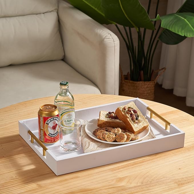 Serving Tray for Ottoman - 17"x12" Large Wood and Faux Leather Decorative Tray for Coffee Table Platter, Living Room Decor, Bathroom - Rectangle Tray with Gold Polished Metal Handles