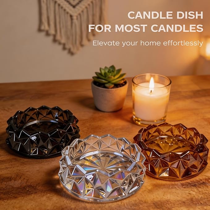 Diamond Glass Candle Holder, Clear Glass Candle Dish for Home Decor, Decorative Modern Candle Tray for Small Candles & Diffusers (Slate Gray)