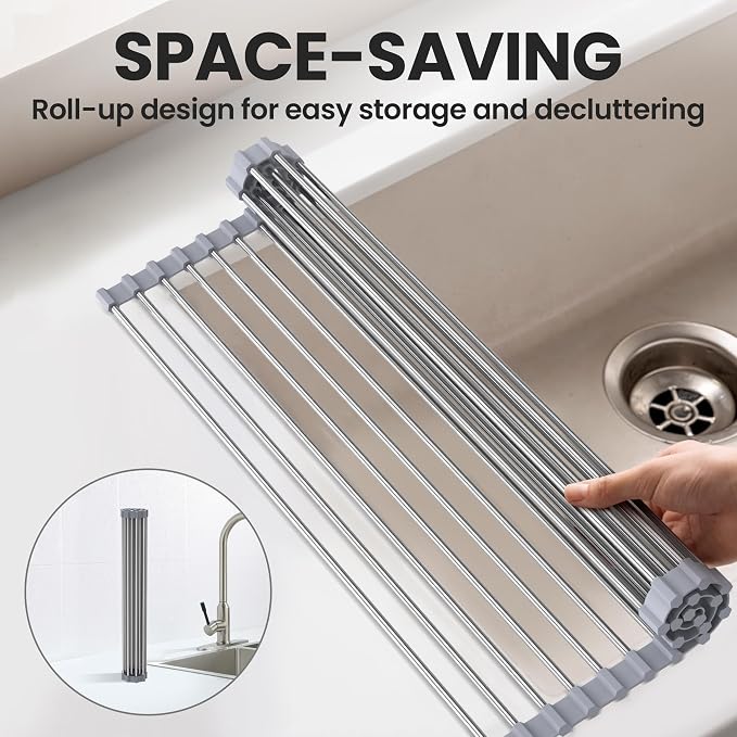 Roll Up Dish Drying Rack, 17.5" x 15.7", Sink Drying Rack for Kitchen, Gray