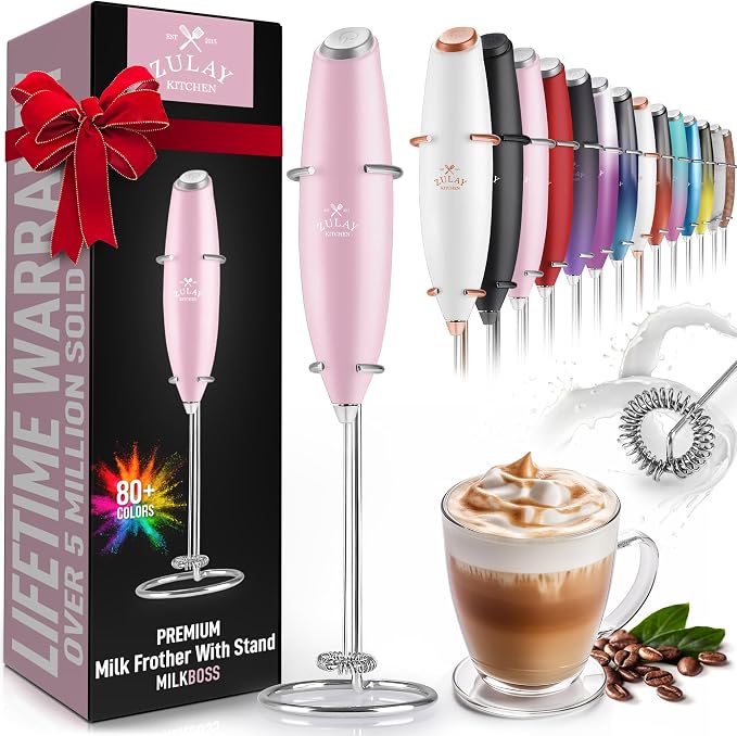 Zulay Powerful Milk Frother for Coffee with Upgraded Titanium Motor - Handheld Electric Whisk, Milk Foamer, Mini Mixer & Coffee Blender for Frappe, Latte, Matcha, No Stand - Innocent Pink