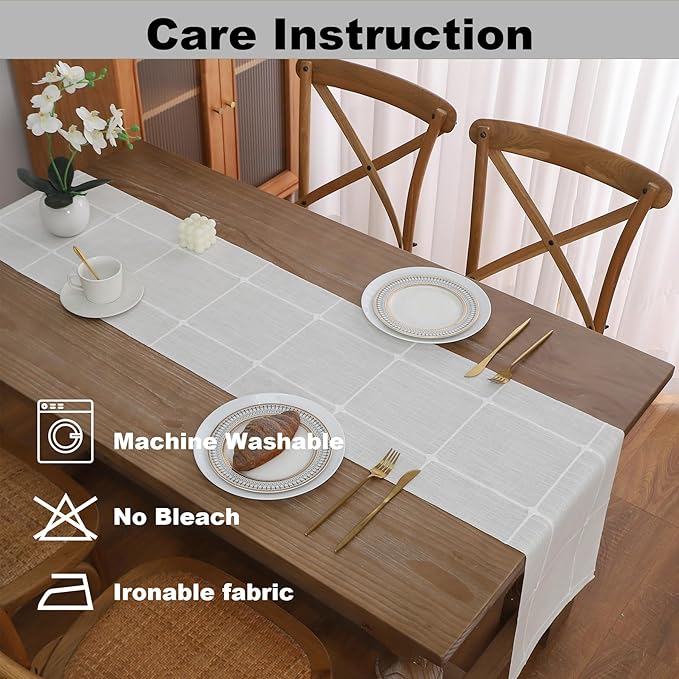 Gernaice Boho Table Runner, Modern Plaid Cotton Linen Farmhouse Table Runners for Dresser Dining Living Room Bedroom Home Decor, 60" L X 13" W White