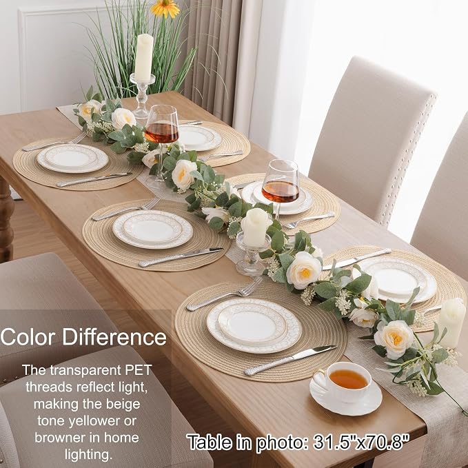 SHACOS Round Braided Placemats Set of 8 Cotton Fabric Round Table Mats Non Slip Washable 15 inch Round Place Mats Home Party Table Decor (Beige, 8)