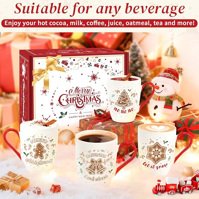 Christmas Coffee Mug Set of 4, 12 oz Gingerbread Man Coffee Mug with Handle, Hot Cocoa Ceramic Mugs with Gift Box for Mom Woman Family Friends Colleagues