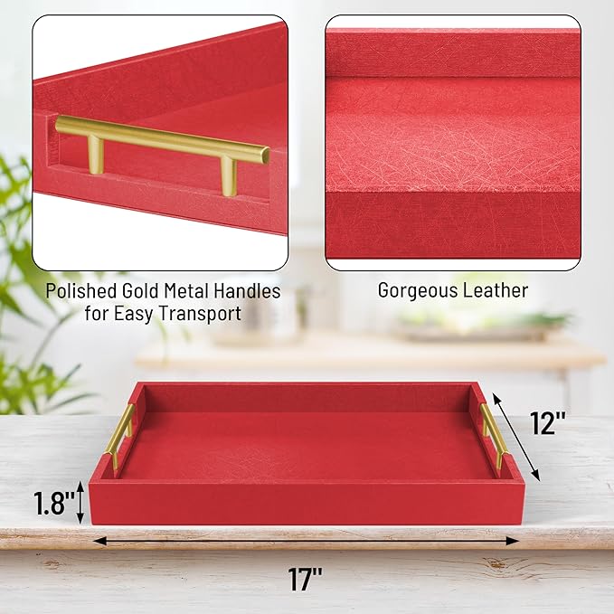 ATZYmolin 17"" x 12"" Wood Serving Tray with Gold Polished Metal Handles, Home Decorative Wooden Rectangle Ottoman Leather Decor Platter Bathroom Vanity Tray for All Occasions Red
