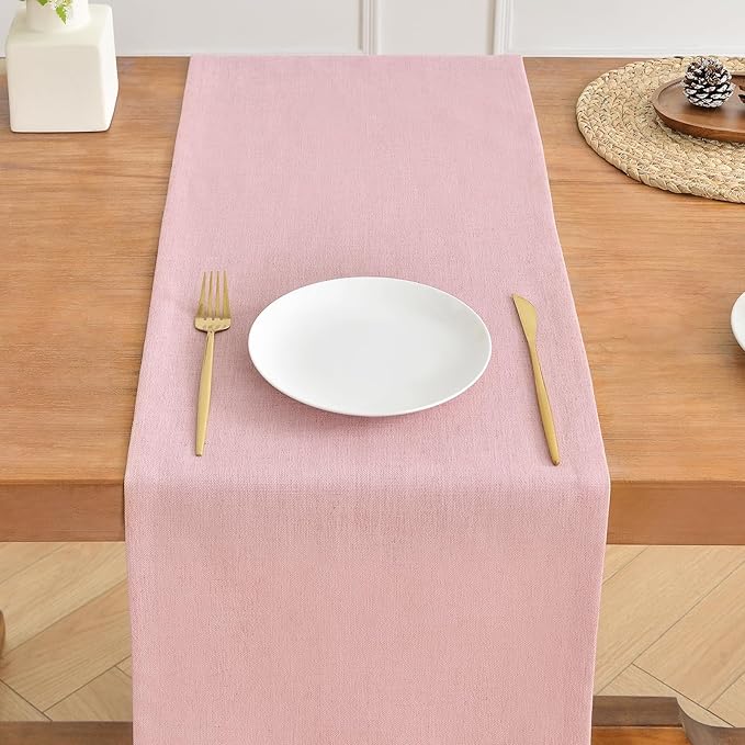 Wracra Linen Style Table Runner, Rustic Farmhouse Pink Table Runners 36 Inches Long, Handcrafted Table Runner for Fall, Winter - Everyday Use and Machine Washable