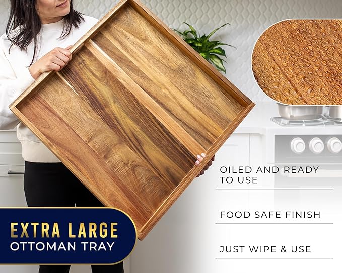 Extra Large (22") Comfify Square Premium Acacia Wood Ottoman Tray with Handles - Use for Serving Food in Style for Dinner, Breakfast, Snacks, BBQ, Entertaining Guests & More - Brown