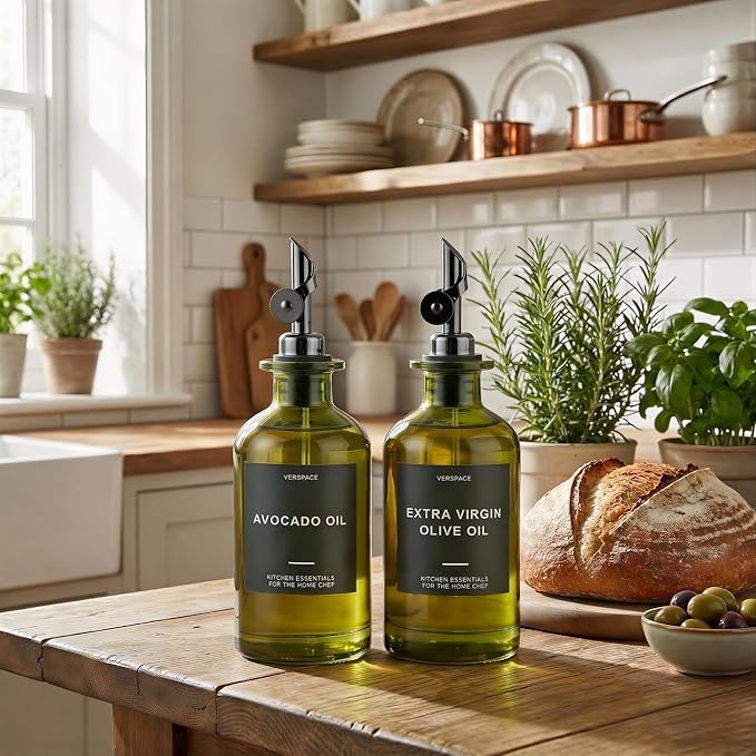 Verspace UV-Protected Green Glass Olive Oil Dispenser Bottles For Kitchen - 2 Pack - 17oz Includes 40 Kitchen Essential Labels, Avocado Oil Dispenser Set, Modern Decor for Home, Airbnb, Cafe