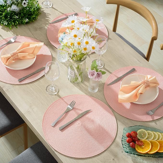 AHHFSMEI Round Placemats Set of 4 Heat Resistant Washable Non-Slip Woven Braided Table Mats for Dining Table Kitchen & Home Decor (Pink,4)