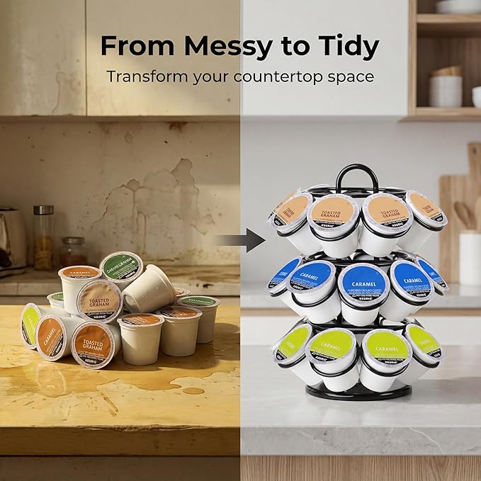 Coffee Pod Holder for Keurig Pods, K Cup Holder, K Cup Carousel, Coffee Pods Organizer Stand, No Assembly Required, 27 Pods Capacity, 360-Degrees Rotating -Black