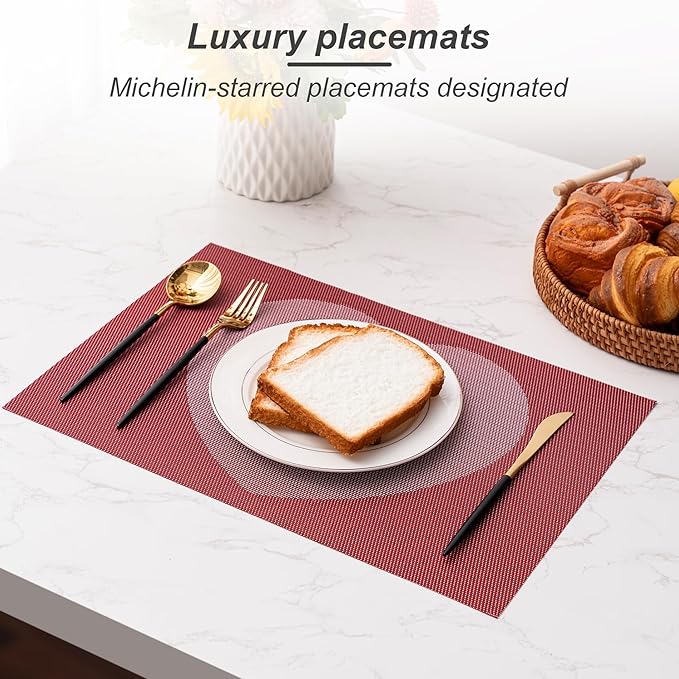 CADONO Placemats Set of 6 Washable Indoor/Outdoor Vinyl Place Mats for Dining Table Durable Non-Slip Heat Resistant PVC Weave Table Mats（Red Pink Heart）