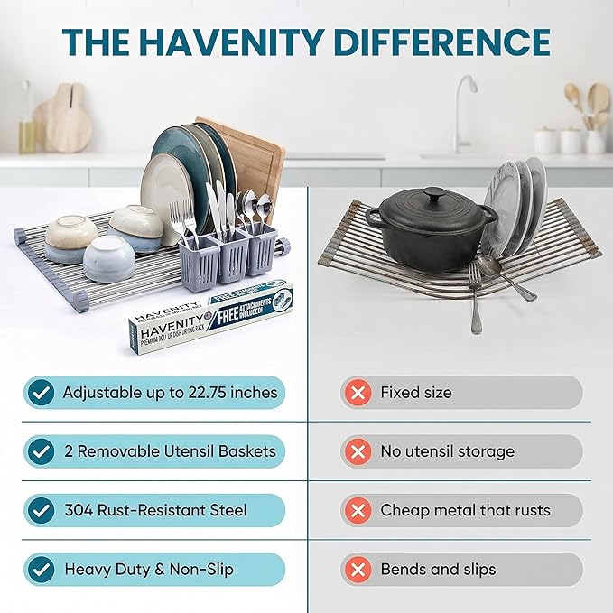 Havenity™ Expandable Roll Up Dish Drying Rack with Drying Mat - Adjustable Up to 22.75" with 2 Free Attachments & 2 Removable Baskets, 304 Stainless Steel Over The Sink Dish Drying Rack Cover Kitchen
