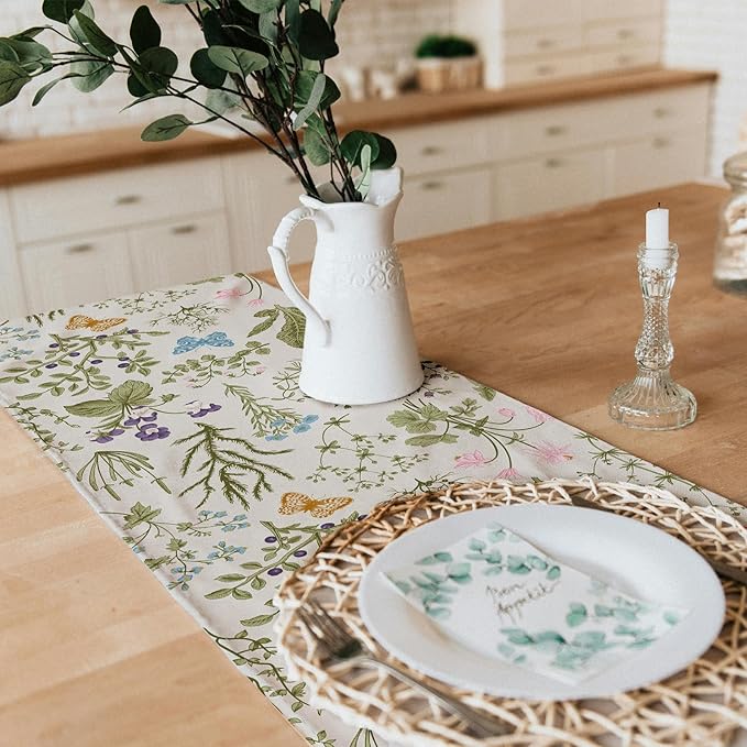 Snycler 13x108 Inch Table Runner Chinoiserie Vintage Style Mountain Spring Summer Table Runner, Seasonal House Trees Luxury Farmhouse Kitchen Dining Table Decoration for Home Party Decor