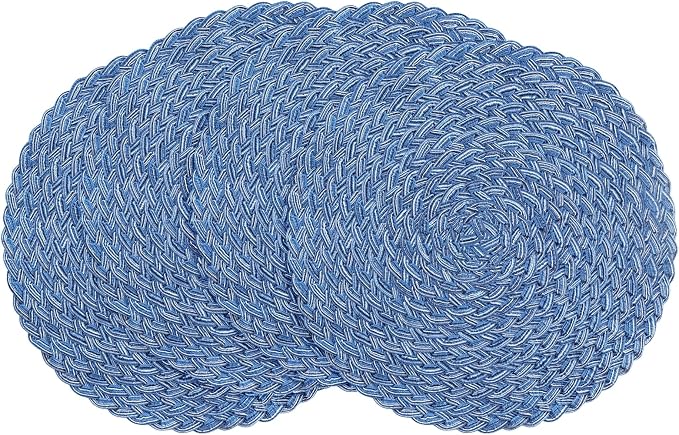 Floroom 15 Inch Round Braided Placemats Set of 4, Washable Heat Resistant Cotton Polyester Circle Boho Place Mats for Kitchen Dining Table - Seascape Blue