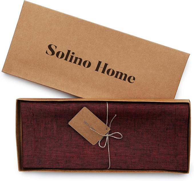 Solino Home Linen Table Runner 36 Inches - 100% Pure Linen Red Garnet Table Runner 14 x 36 Inch Ideal for Dresser and Coffee Tables - 4th of July - Athena