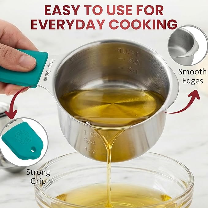 Magnetic Measuring Cups and Spoons Set of 16, 304 Stainless Steel with Multicolor Silicone Handles, 7 Cups, 8 Double-Sided Spoons and Leveler, Laser-Engraved, Stackable, Dishwasher Safe for Baking