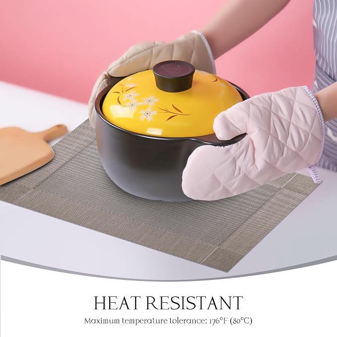 Placemats Set of 6-Heat Resistant Non-Slip Washable Table Mats for Dining Table,PVC Vinyl Woven,12 x 18 inch Dark Beige