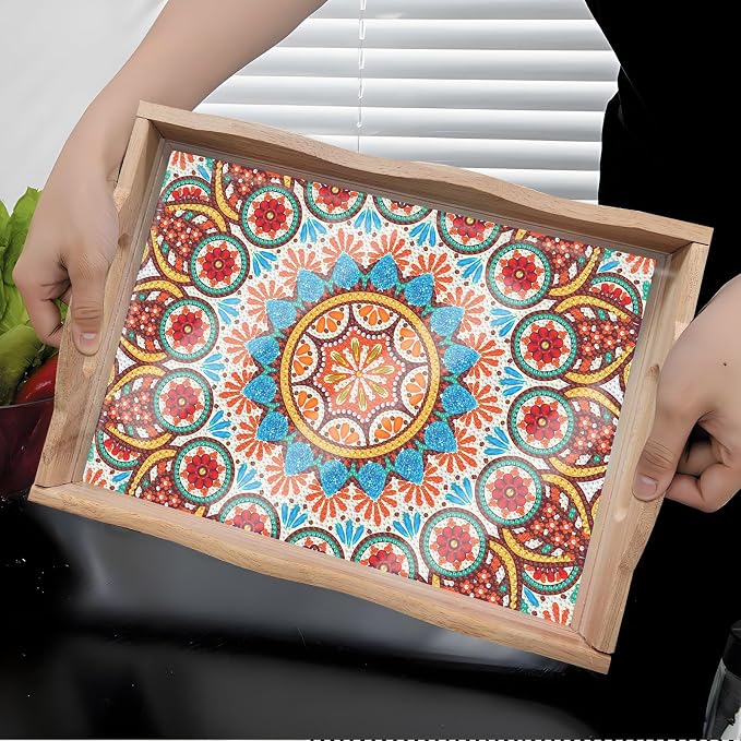 Generic DIY Diamond Serving Tray Rectangular Upgrade Increase Breakfast Tray with Handles Handmade Diamond Art Painting Wooden Tray Dinner Plate for Coffee Living Room Home Organizer-Mandala02