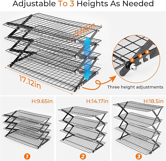 4-Tier Collapsible Cooling Rack with Adjustable 3 Setting, Wire Cooling Roasting Cooking Baking Drying Rack for Cookies Bread Turkey, Candy, Fruit, Snacks