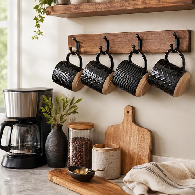 GBhome Large Coffee Mugs Set of 4, 16oz Handmade Stoneware Coffee Mugs Set with Large Handle for Cappuccino/Latte/Tea/Hot Cocoa, Dishwasher & Microwave Safe, Black