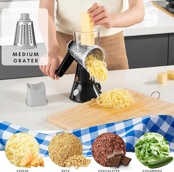 Brieftons 4-Blade Rotary Cheese Grater, Kitchen Food Cutter with Handle, Mandoline Vegetable Slicer, Nut Grinder, Hand Crank Shredder for Cheese, Vegetables, Fruits, Nuts, Easy to Use, Clean & Store