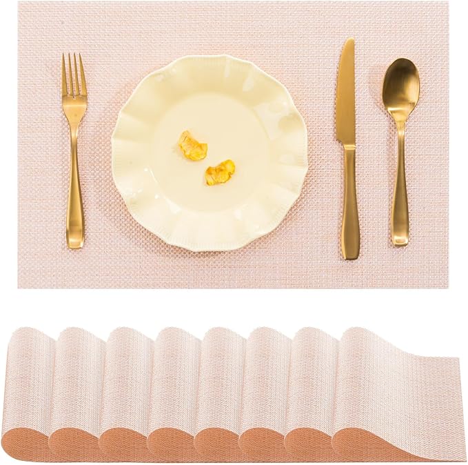 BACKTOEDEN Placemats Set of 8 Heat Resistant Washable Wipeable Placemat Woven Non-Slip Foldable Vinyl/Plastic Place Mats Indoor/Outdoor Mat Kitchen Dining Table Pad, Bright Silk Pink