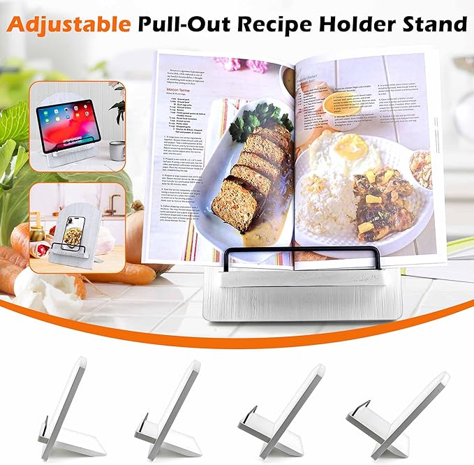Cookbook Stand Recipe Book Holder: Vintage Cutting Board Style Cookbook Stand - Adjustable Display Stand as Kitchen Counter Decor - Recipe Book Holder for Counter