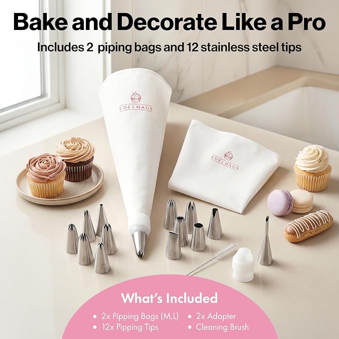 EDELHAUS Piping Bags and Tips Set – Reusable Piping Bags with 12 Piping Tips, Pastry Bags and Tips, Frosting Piping Kit, Cake Decorating Tools, Icing Bags Set with Flower Piping Tips & Couplers