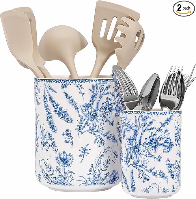 Bico Blue Garden Toile De Jouy Ceramic Utensil Holder Set of 2, Ceramic Kitchen Utensil Crocks for Countertop, Large Cooking Tool Holder Counter Decor, Spatula Organizer