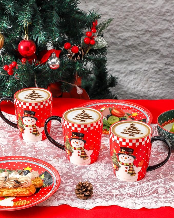 HASENSE Coffee Mugs Set of 6, Ceramic Coffee Cups with Handle, Large Christmas Latte Cup for Tea, Hot Cocoa, Milk, Stylish Mug for Holiday Gift, Dishwasher and Microwave Safe, Red