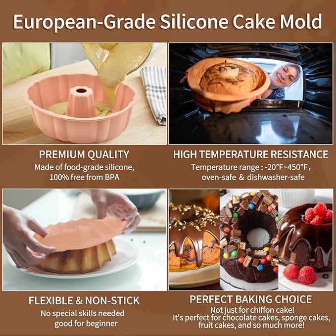 PADELE 2 Pack Silicone Cake Pan Nonstick,10 Inch, Silicone Cake Molds,Pound Pan, Baking Cake Pan for Jello,Gelatin,Cake,Brownie and Bread (Red+Pink)