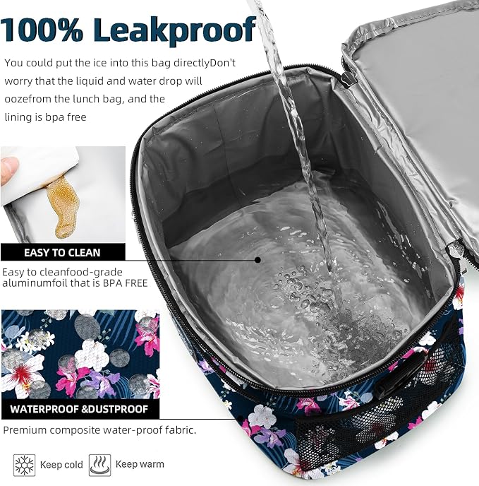 BEIMILY Lunch Box for Men/Women, Small Insulated Lunch Bag, Leak-Proof Soft Cooler Tote Bag, Reusable LunchBox for Work, Travel, Fitness, Picnic with Adjustable Shoulder Strap for Adults(floral white)