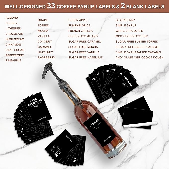 HCYWOC Coffee Syrup Dispenser, 25.4oz 750ml Glass Syrup Bottles, 2 Pack Syrup Dispenser for Coffee Bar With Large Leakproof Syrup Pump, 38 Labels