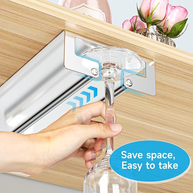 2Pcs Wine Glass Holder Under Cabinet or Shelf, Stainless Steel Stemware Rack, Hanging Wine Glass Storage Organizer for Bar Kitchen Restaurant, Silver