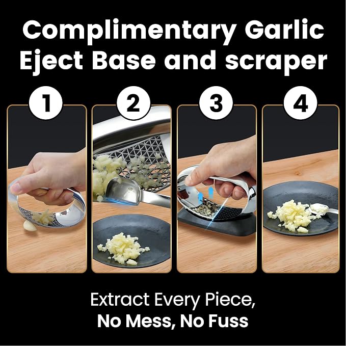 Full Stainless Steel Garlic Press Rocker with Eject Base + Scraper Spoon, Innovative 3D Cutting, Easy Crush & Clean Garlic Mincer, Premium Garlic Tool with Ergonomic Grip, 5-Year Warranty