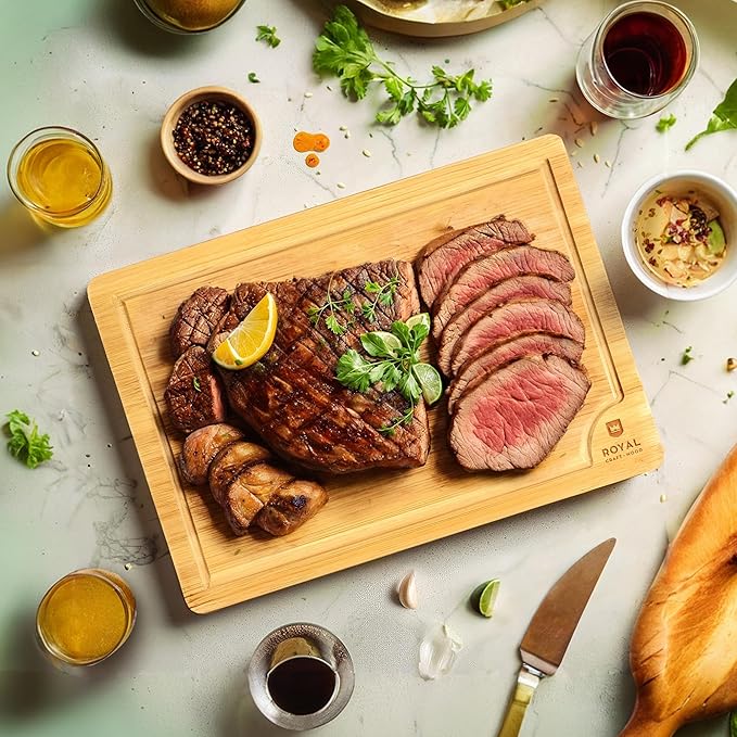 ROYAL CRAFT WOOD Bamboo Cutting Board with Juice Groove - Kitchen Chopping Board for Meat Cheese and Vegetables, Heavy Duty Serving Tray w/Handles (Large,10 x 15")