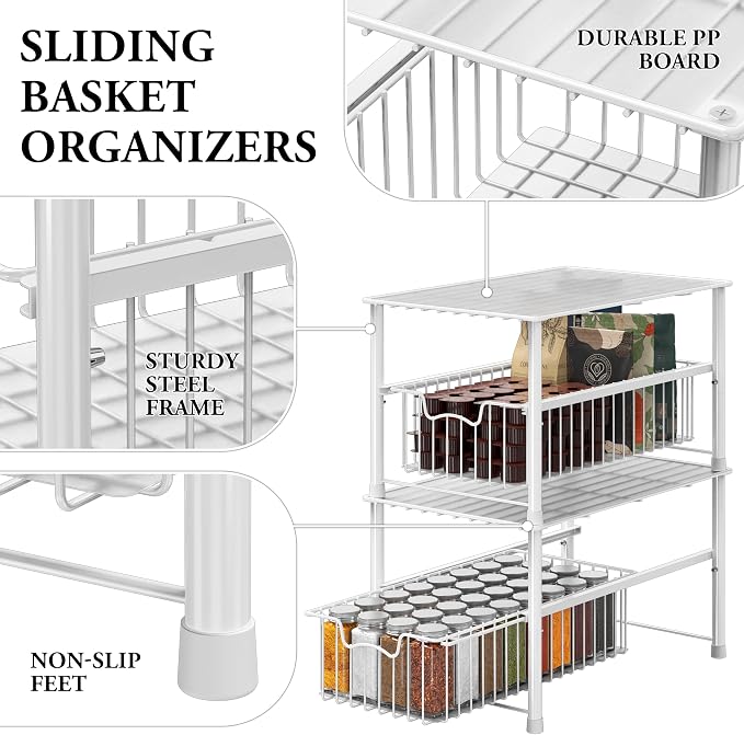 Simple Houseware Stackable Under Sink Cabinet Sliding Basket Organizer Drawer, White