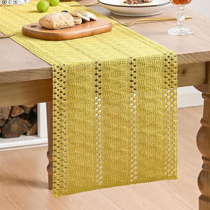 Artoid Mode Yellow Farmhouse Woven Rustic Hollow Table Runner, Seasonal Holiday Hollow Kitchen Dining Table Decoration for Home Party Decor 12x120 Inch