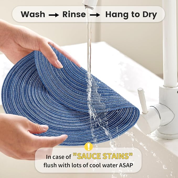 15'' Round Woven Placemats Set of 6, Natural Heat Resistant Washable Non-Slip Woven Table Mats -Blue