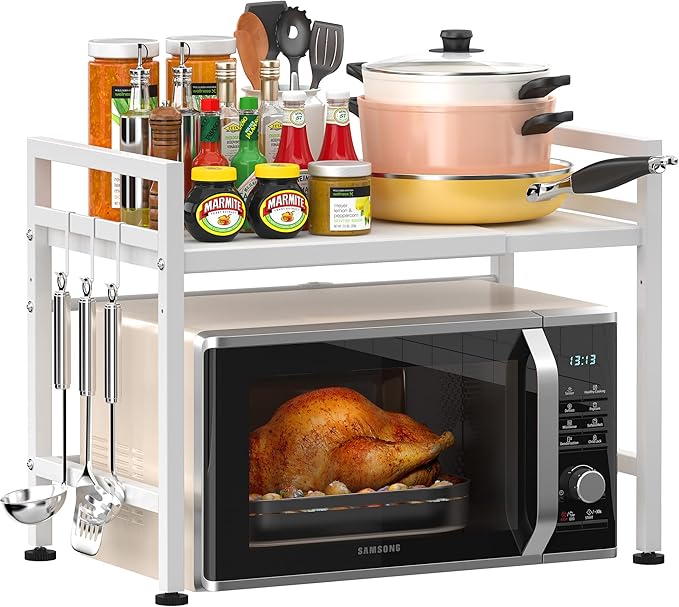 PUSDON Expandable Microwave Oven Rack, 2-Tier Countertop Baker's Rack Style Shelf, Heavy Duty Carbon Steel Stand with 3 Hooks, 160lbs Capacity Modern Kitchen Organizer, White